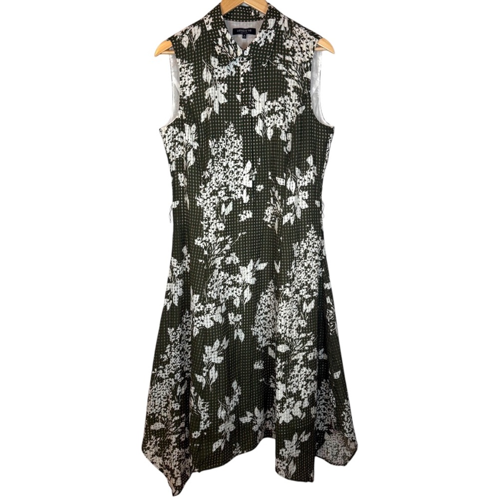 Lafayette 148 Floral Shirt Dress Green White Sleeveless Size 10